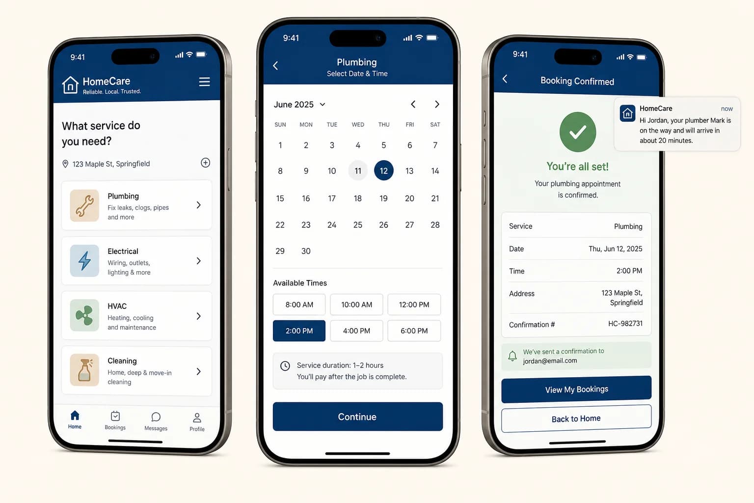 Example three-screen mobile app showing a clear customer journey