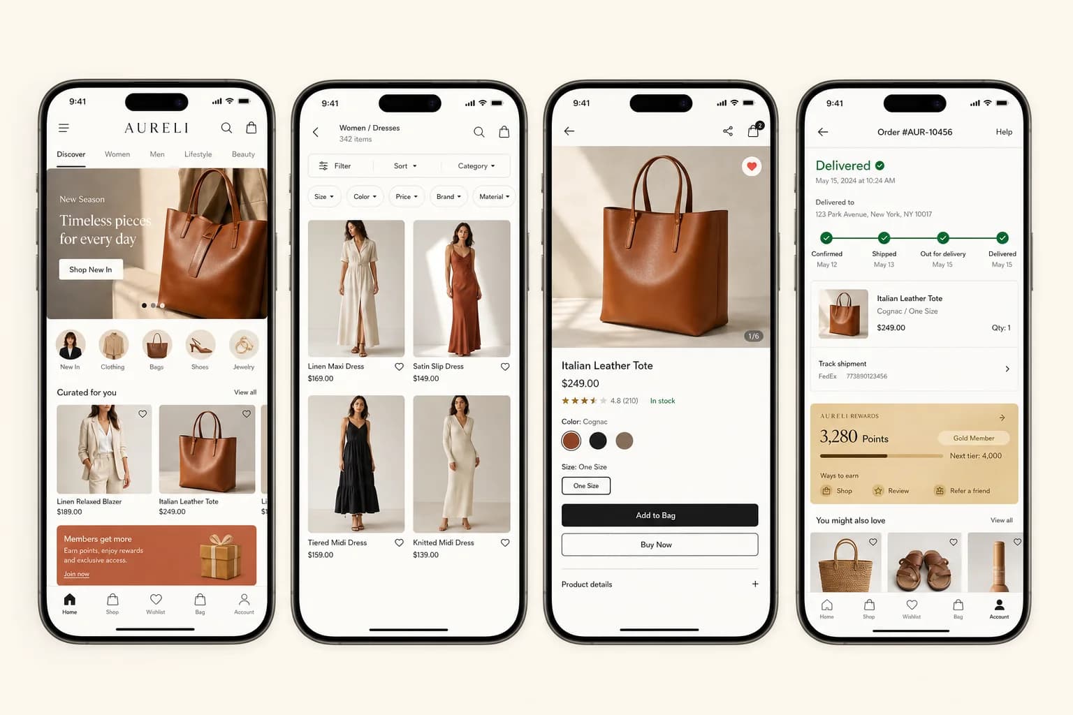 Example commerce app with product discovery, wishlist, checkout, loyalty, and order tracking