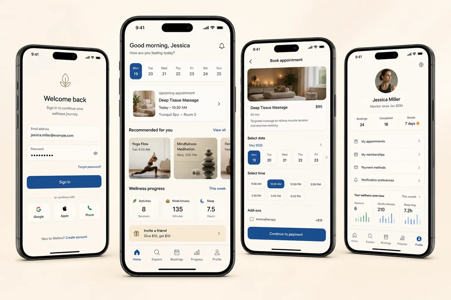 Example three-screen mobile app showing a clear customer journey